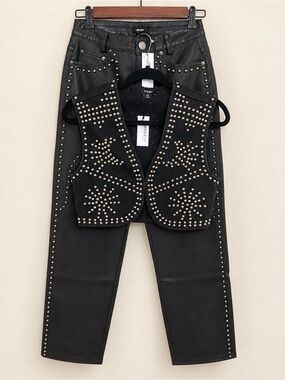 Nasty Gal Studded Faux Leather Vest Pants Set Western Moto NWT - Size 2